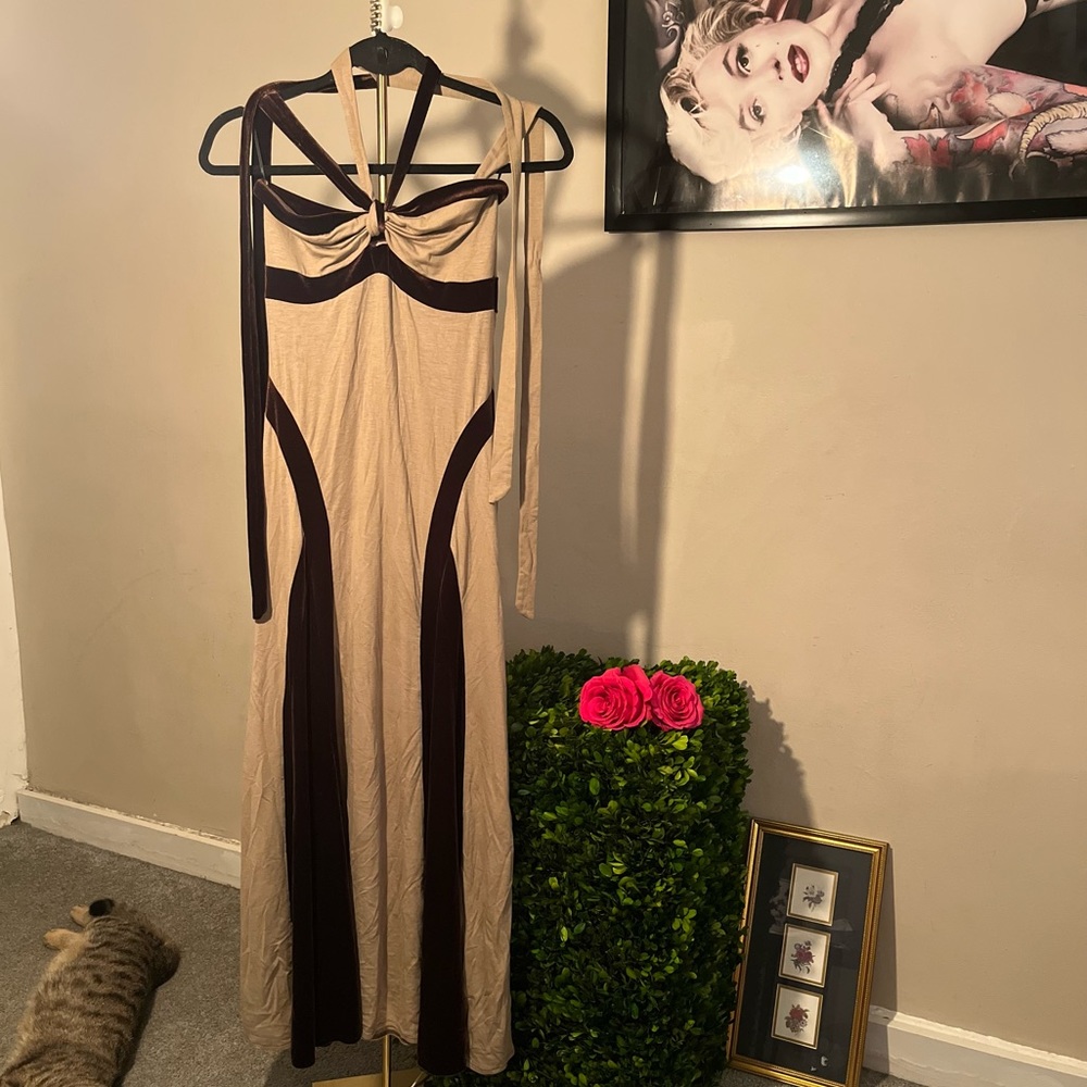 Jlo by Jennifer Lopez dark brown velvet detail maxi dress